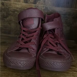 CONVERSE Women’s Size 8 Deep Bordeaux Leather High Top Strap Sneakers